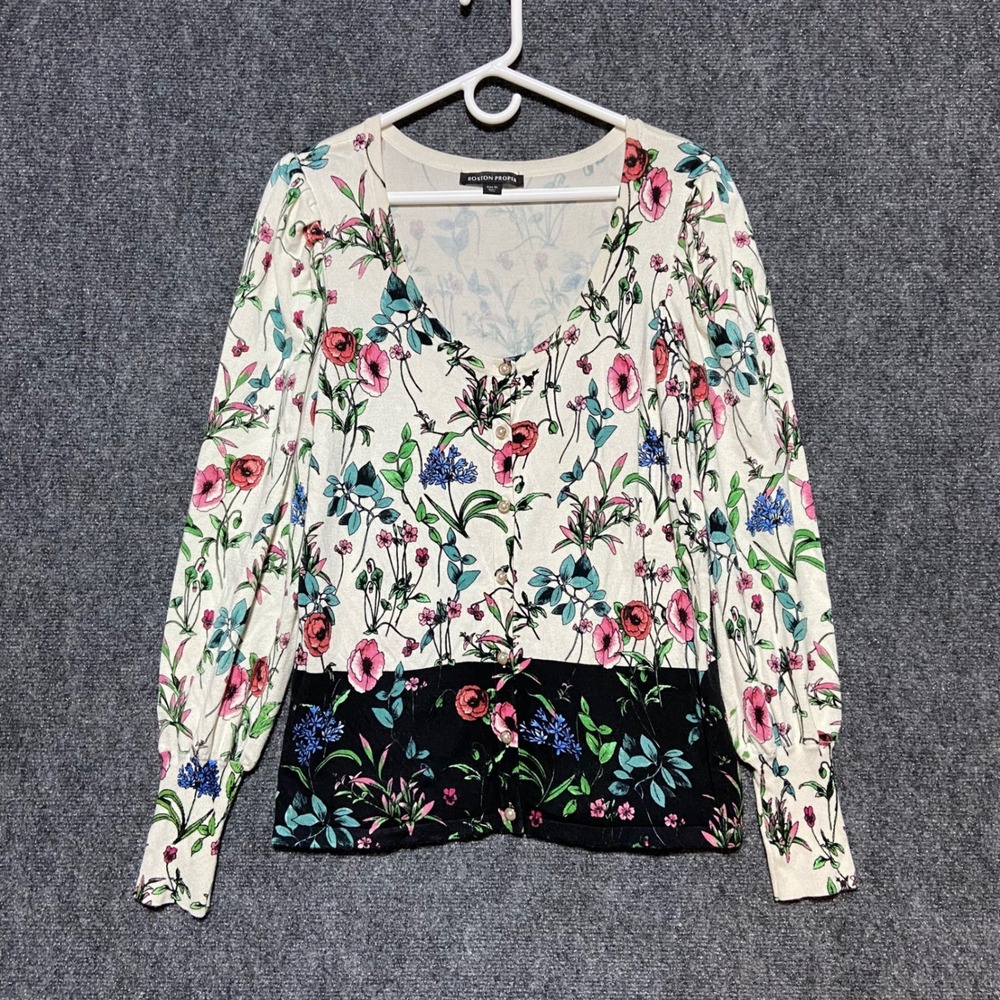 Boston Proper Women's Floral Print V Neck Pearl Button Front Cardigan Sweater XL
